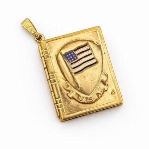 Vintage 10K Gold Filled USA Flag Book Locket Pendant Patriotic Photo Charm 7.31g